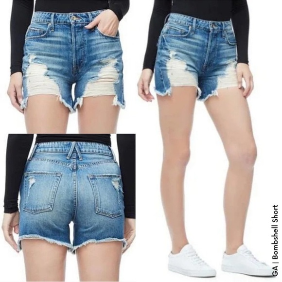 Good American Bombshell High Rise Denim Cutoff Shorts 2/26 Blue 153 100% Cotton - Picture 1 of 7